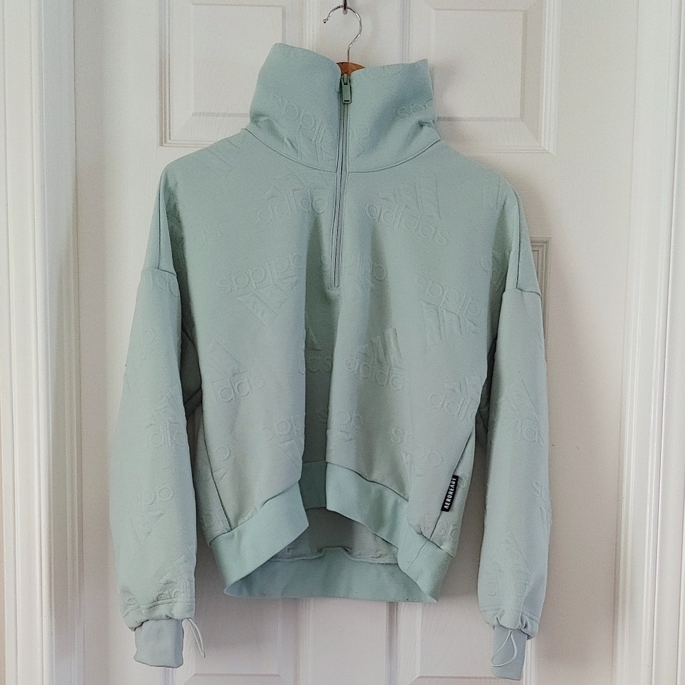 Adidas || Aeroready Jacquard Logo Half Zip Sweater, Size XS, Mint Green - Picture 2 of 6